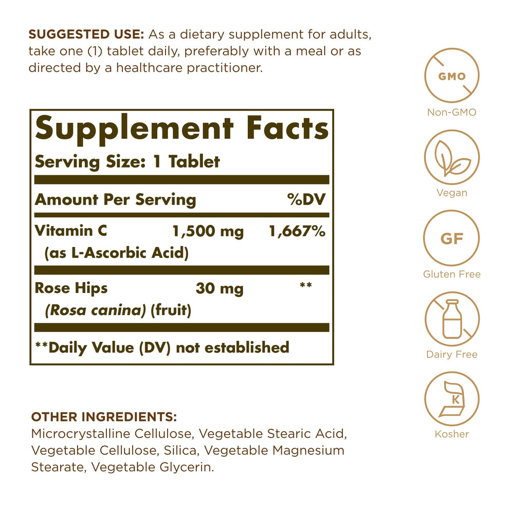 Solgar Vitamin C 1500mg with Rose Hips label highlighting potency