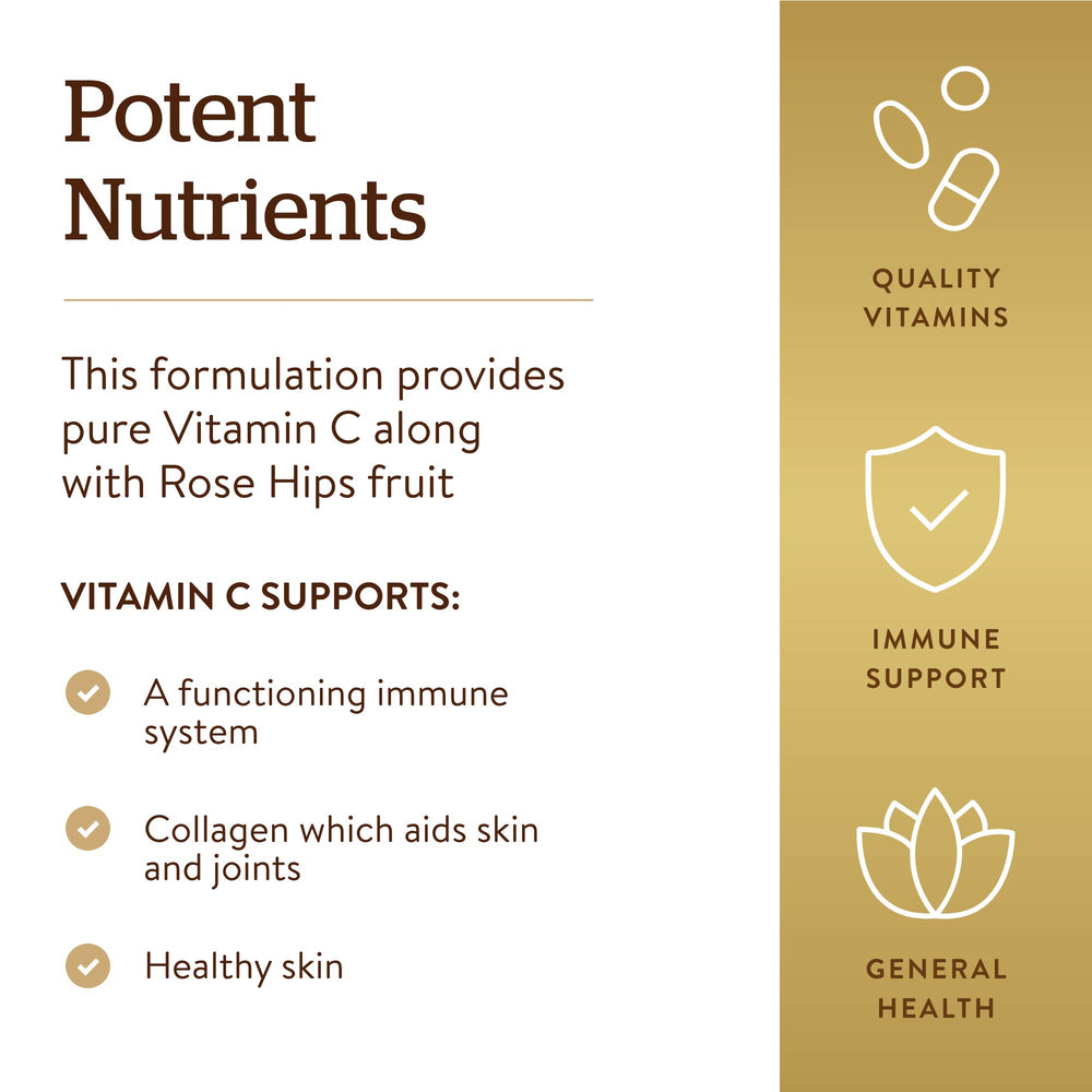 Solgar Vitamin C 500 mg with Rose Hips packaging tilt drawing attention to 250 tablets
