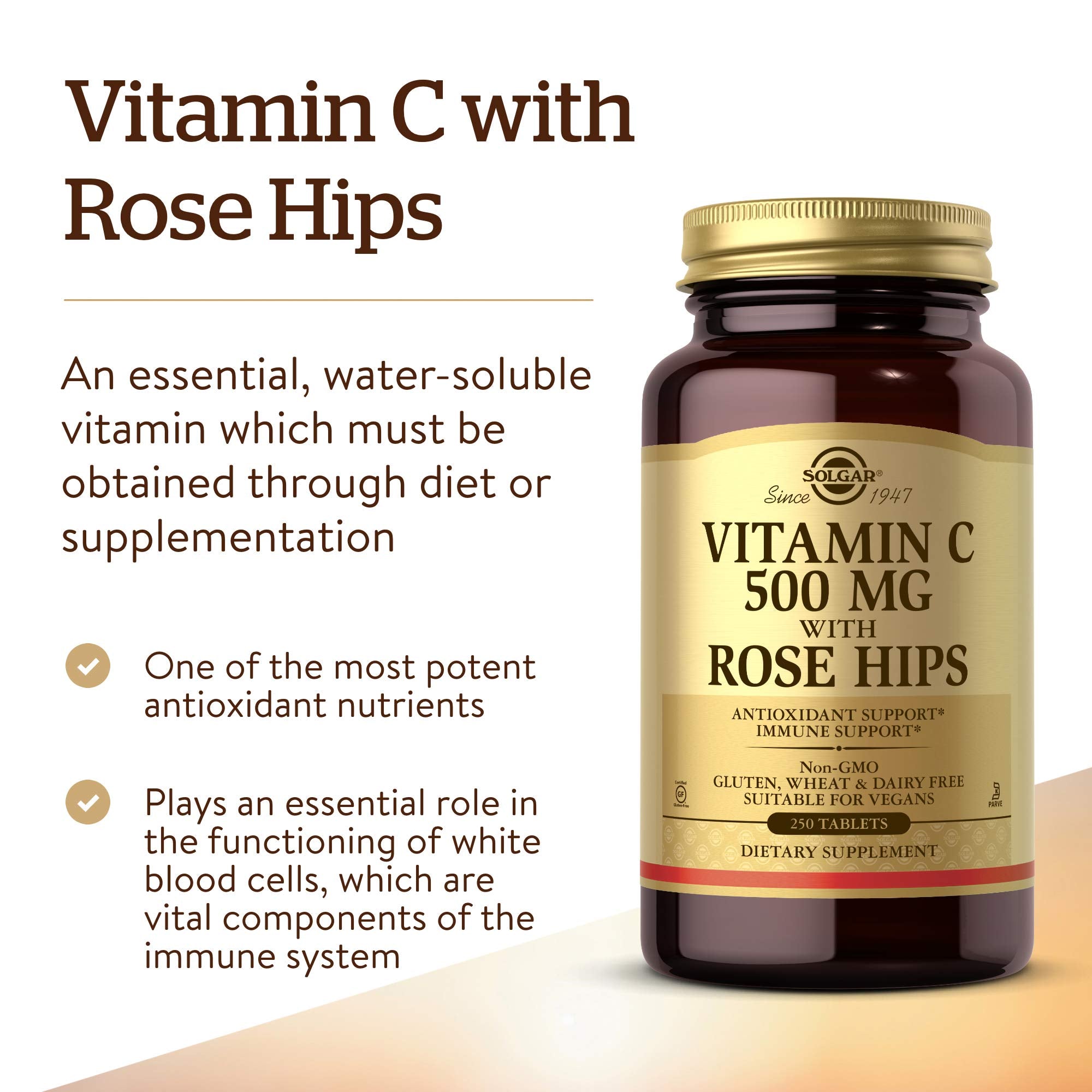 Solgar Vitamin C 500 mg with Rose Hips tablets sideview highlighting compact form