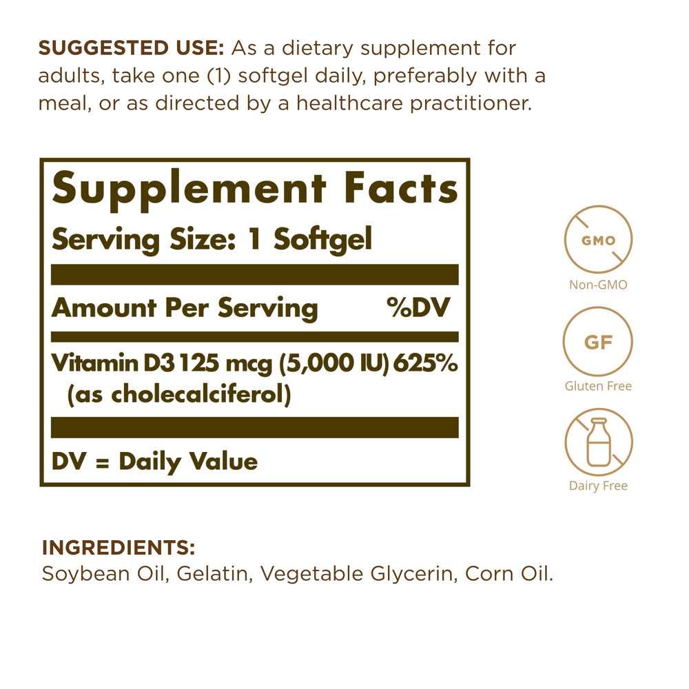 Solgar Vitamin D3 softgels oil-based formula supports absorption