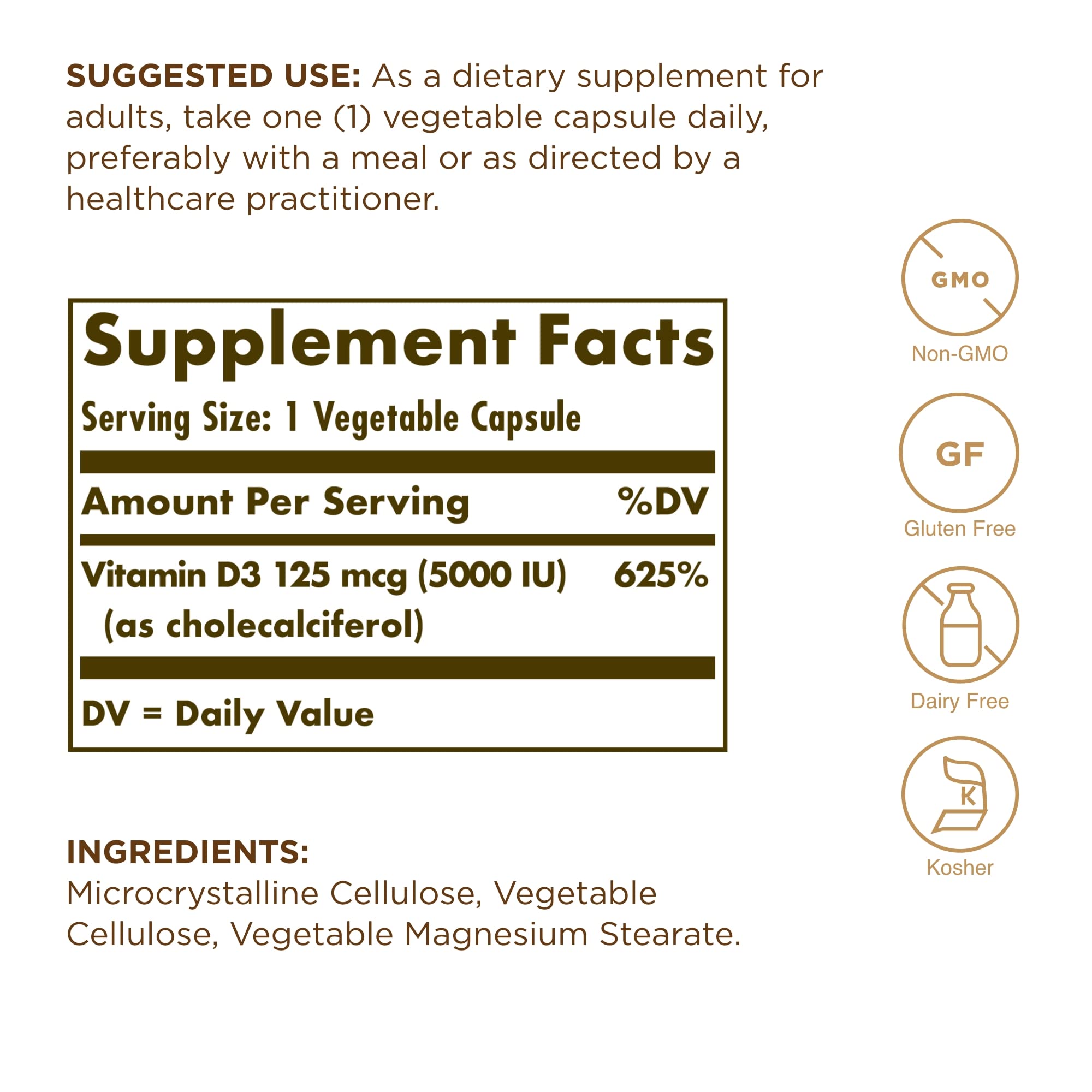 Solgar Vitamin D3 5000 IU capsules close-up highlighting daily intake.
