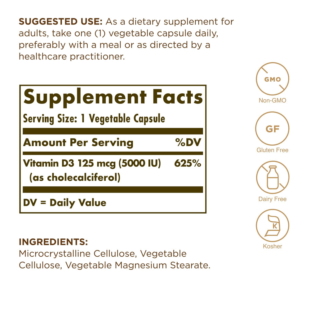 Solgar Vitamin D3 5000 IU capsules close-up highlighting daily intake.