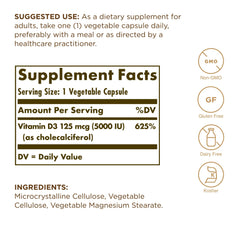 Solgar Vitamin D3 5000 IU capsules close-up highlighting daily intake.