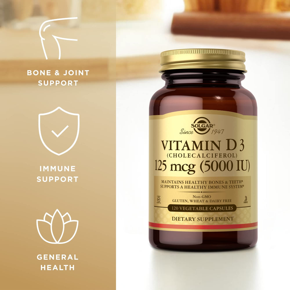 Solgar Vitamin D3 5000 IU close-up of capsules and branding.