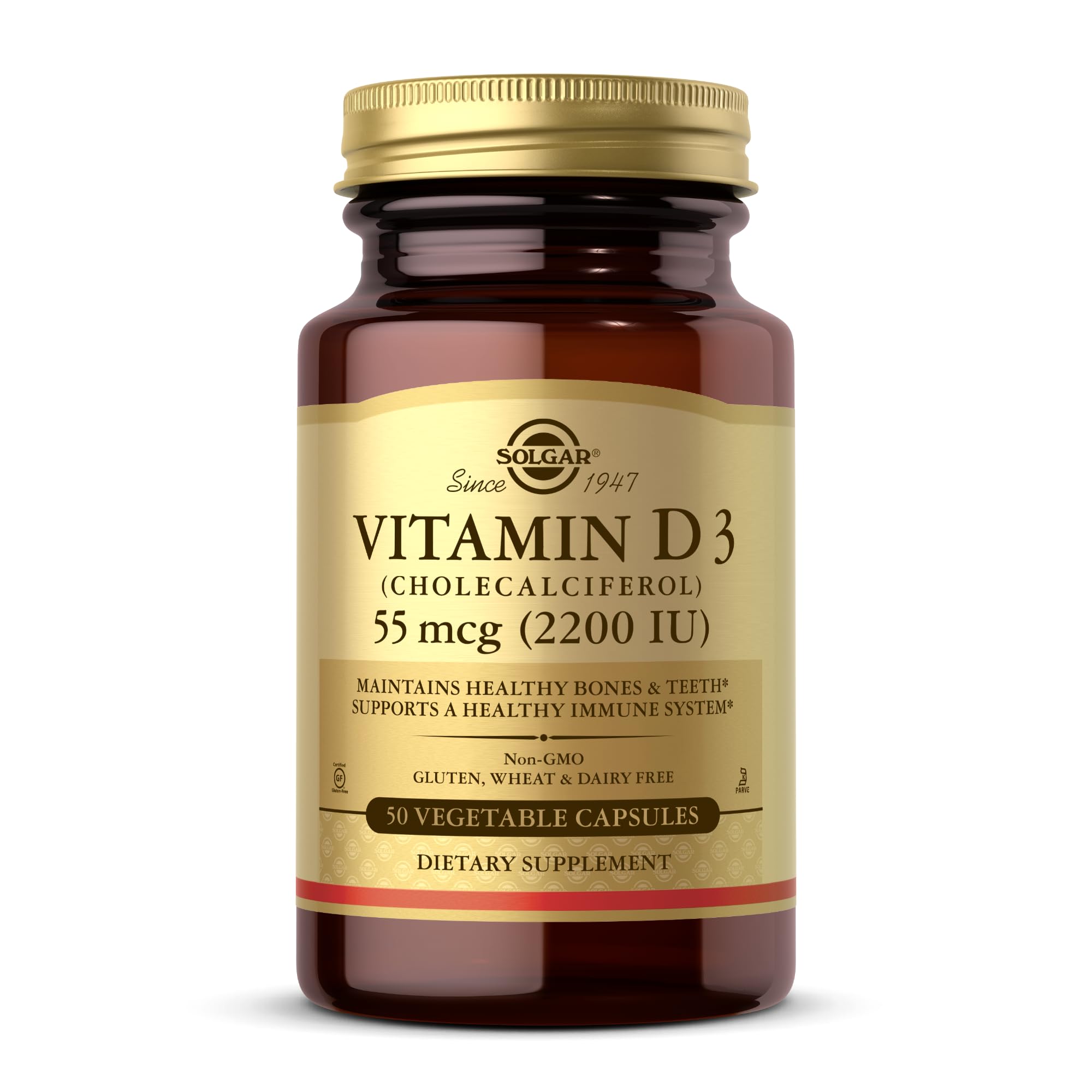 Solgar Vitamin D3 bottle close-up highlighting the label and bone support.