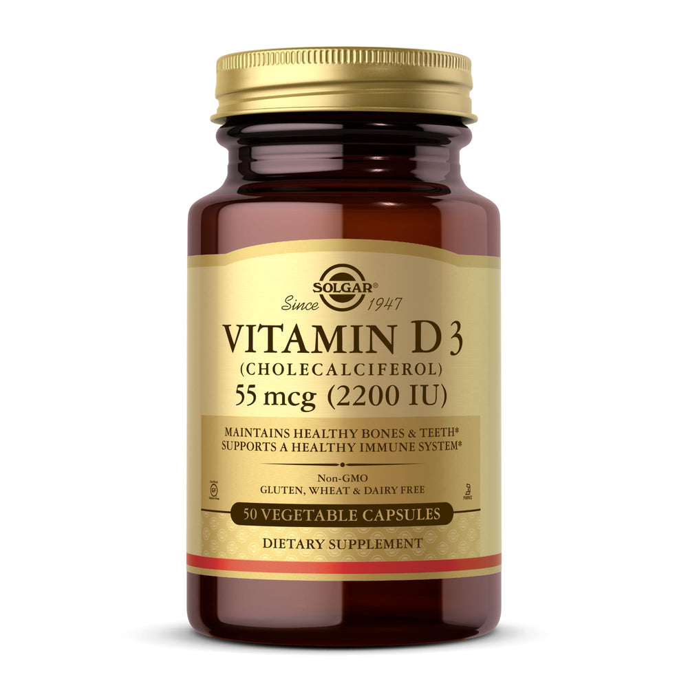 Solgar Vitamin D3 bottle close-up highlighting the label and bone support.