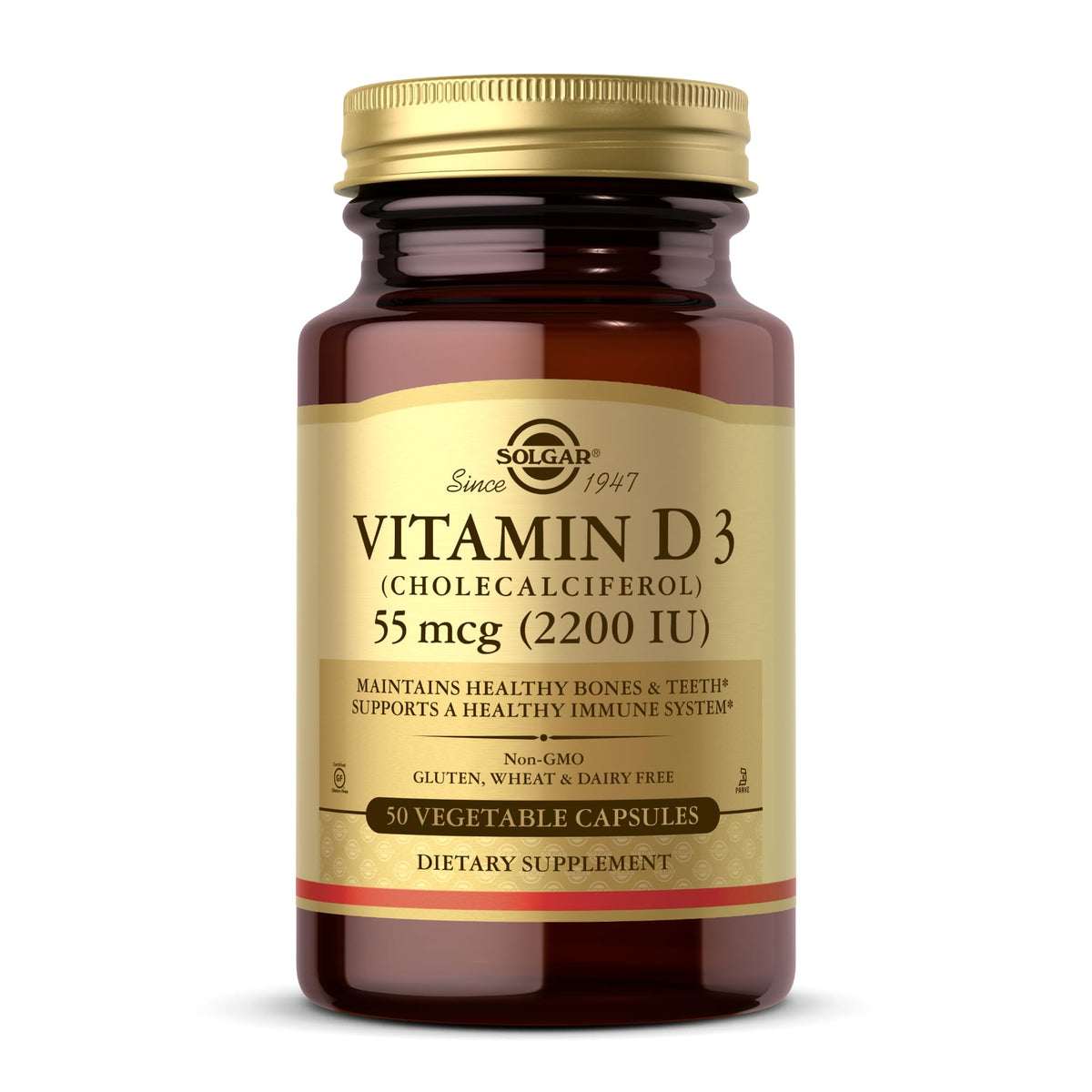 Solgar Vitamin D3 bottle close-up highlighting the label and bone support.