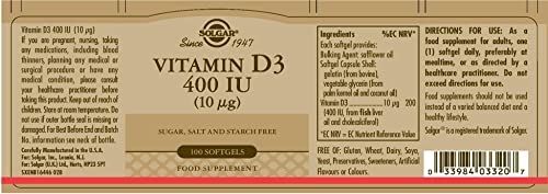 Solgar Vitamin D3 capsule close-up detailing dosage and benefits.