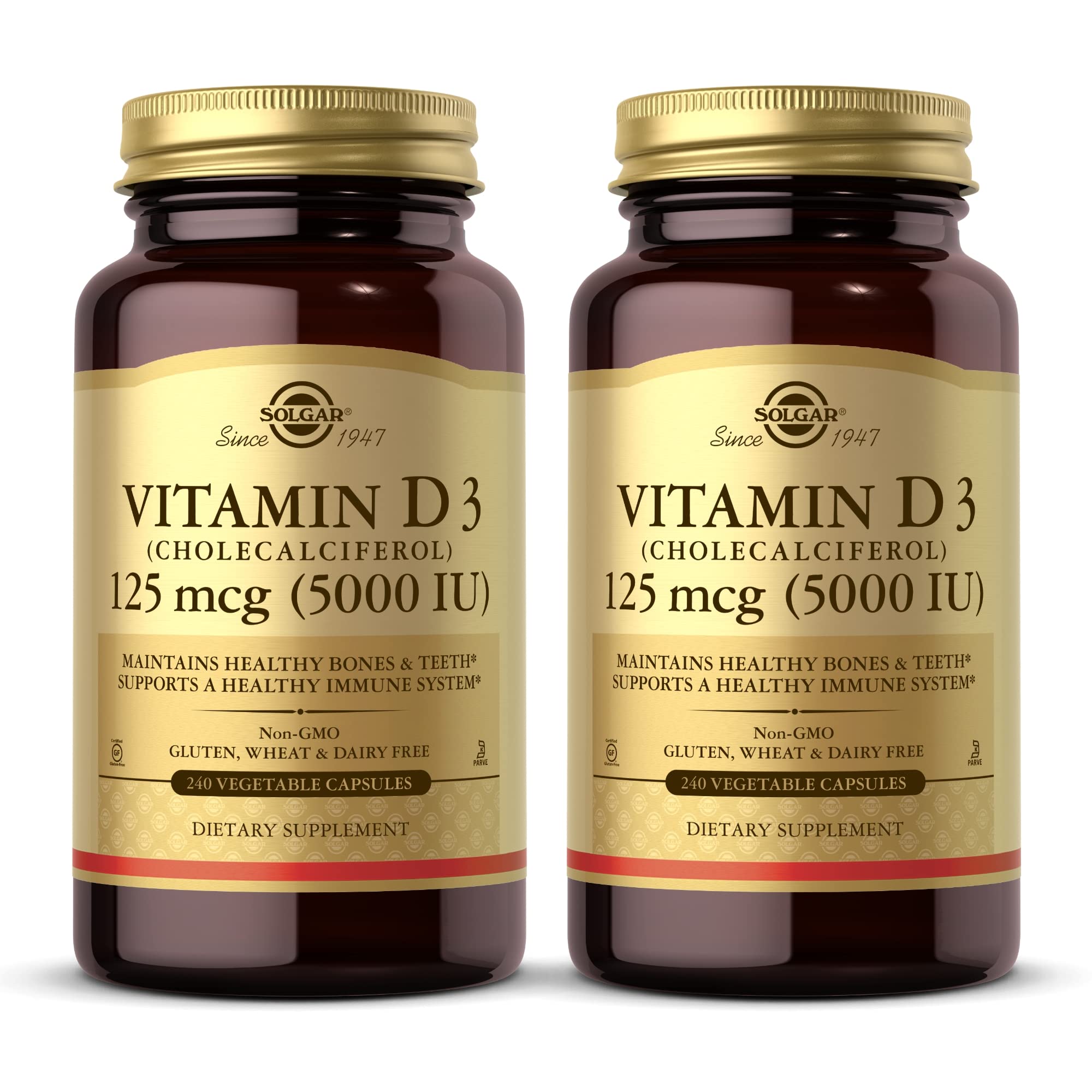Solgar Vitamin D3 bottle displayed for bone and immune support.