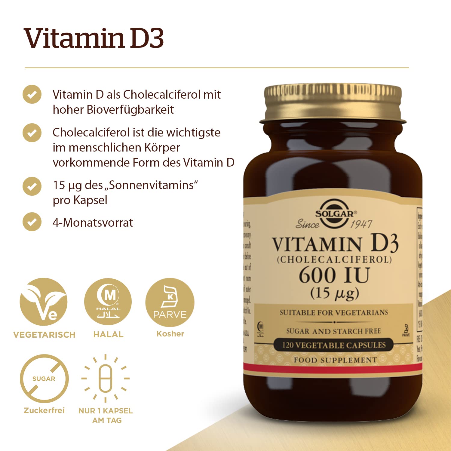 Solgar Vitamin D3 capsules closeup shows 600 IU per serving for immune support