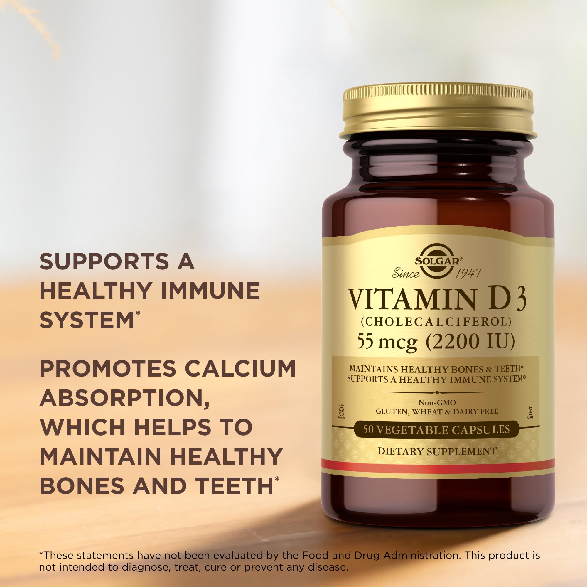 Solgar Vitamin D3 capsules being poured into a hand.