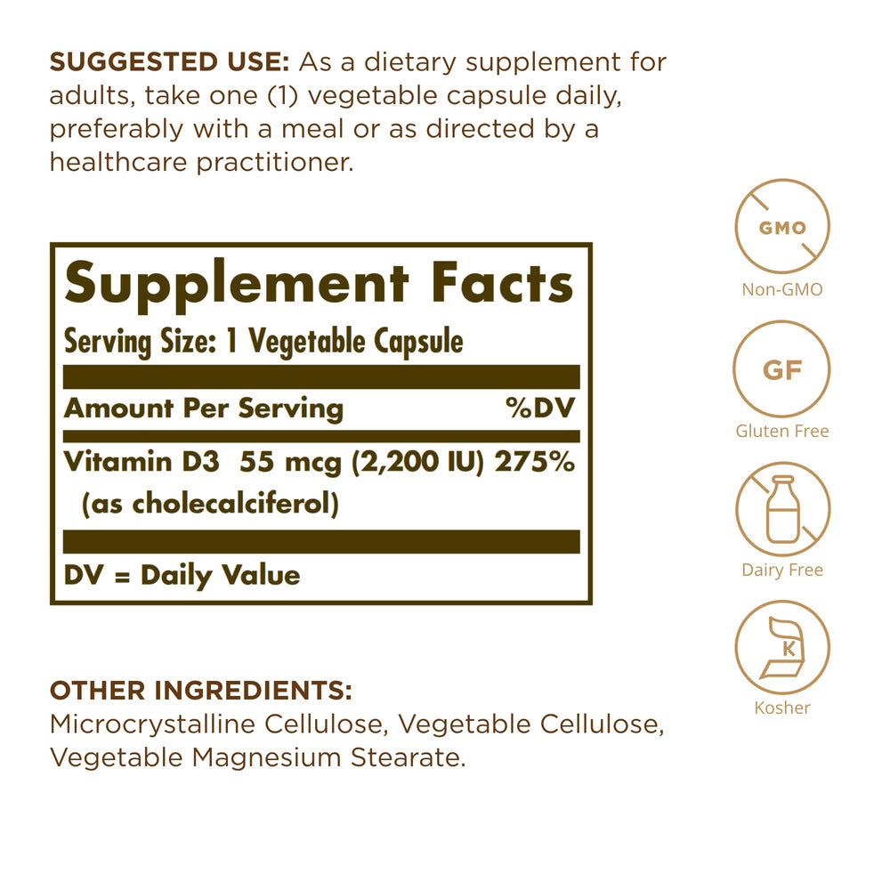 Solgar Vitamin D3 capsules side view for convenient daily supplementation.
