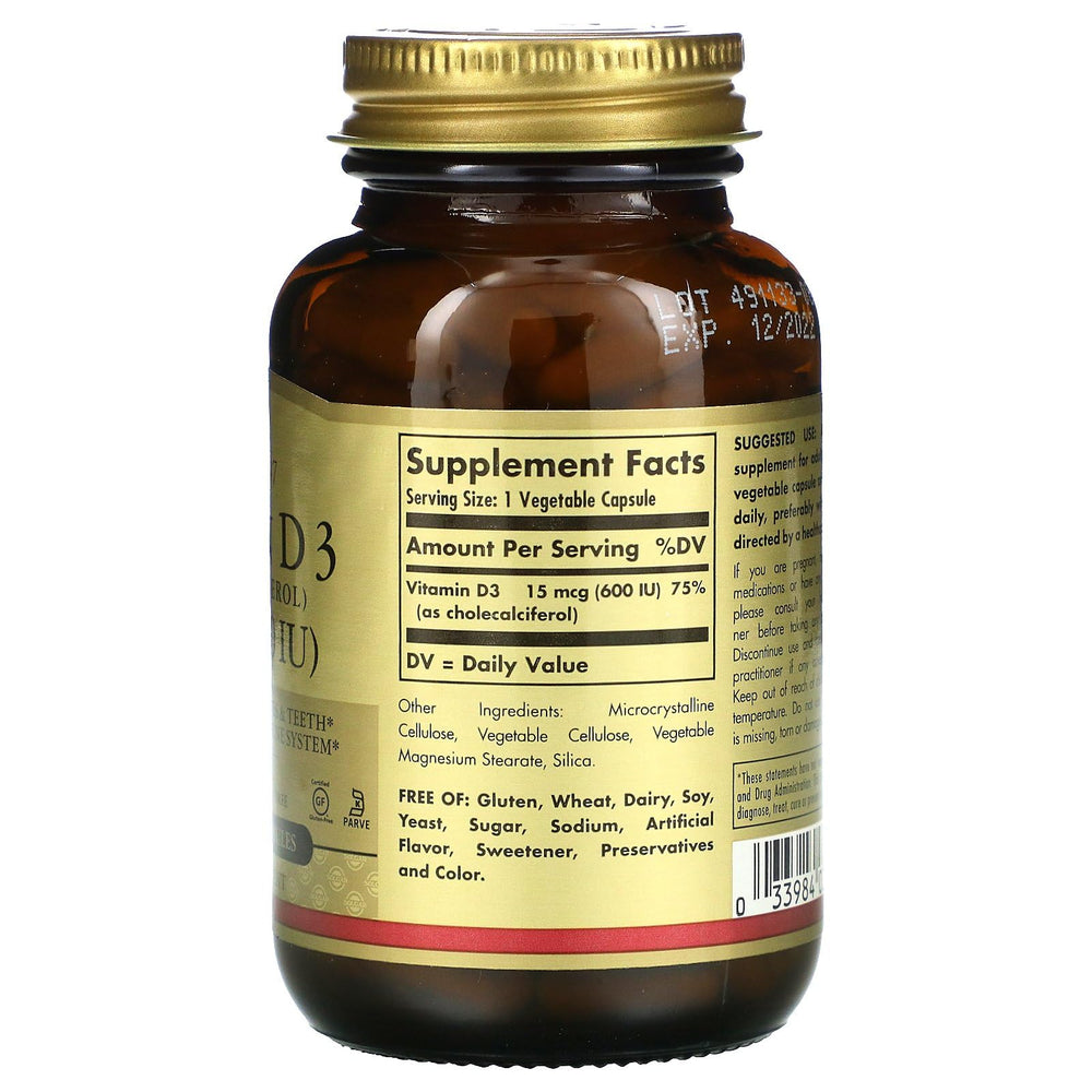 Solgar Vitamin D3 packaging front emphasizes convenient softgel capsules