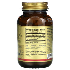 Solgar Vitamin D3 packaging front emphasizes convenient softgel capsules