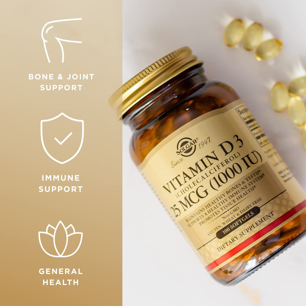 Solgar Vitamin D3 packaging on counter suggests easy daily routine.