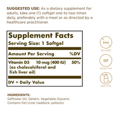 Solgar Vitamin D3 softgel bottle being poured for daily use