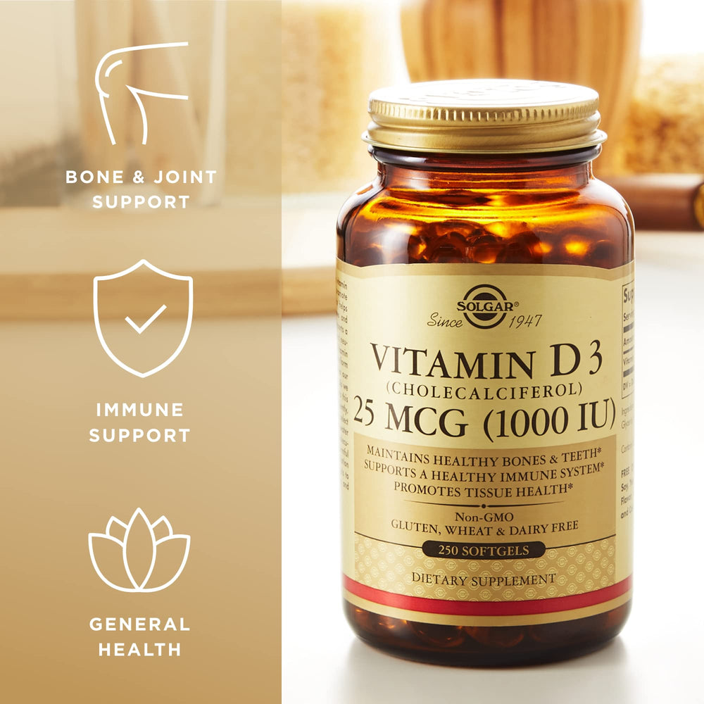 Solgar Vitamin D3 softgels amber bottle oil-based absorption