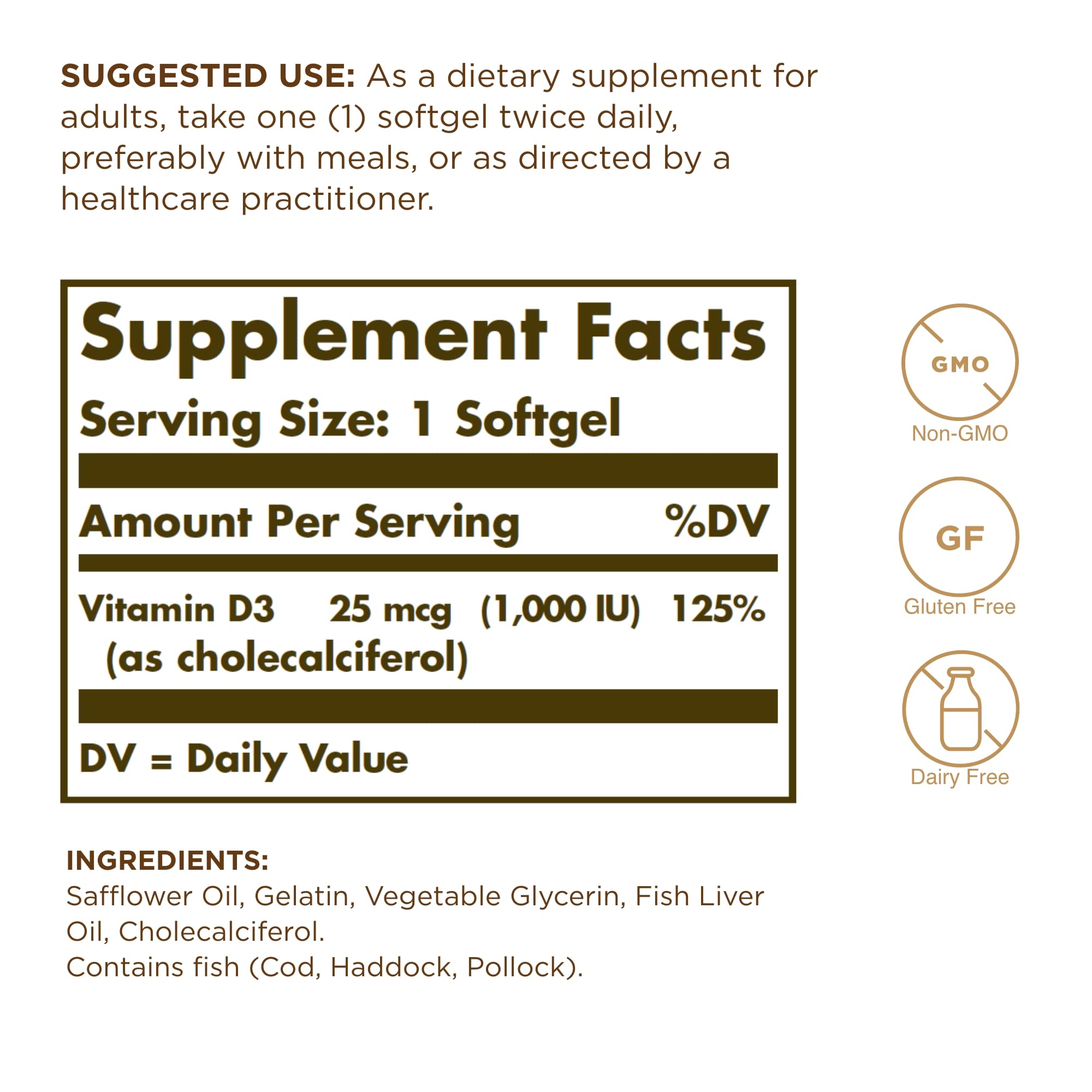 Solgar Vitamin D3 softgels bottle back label with dosage details