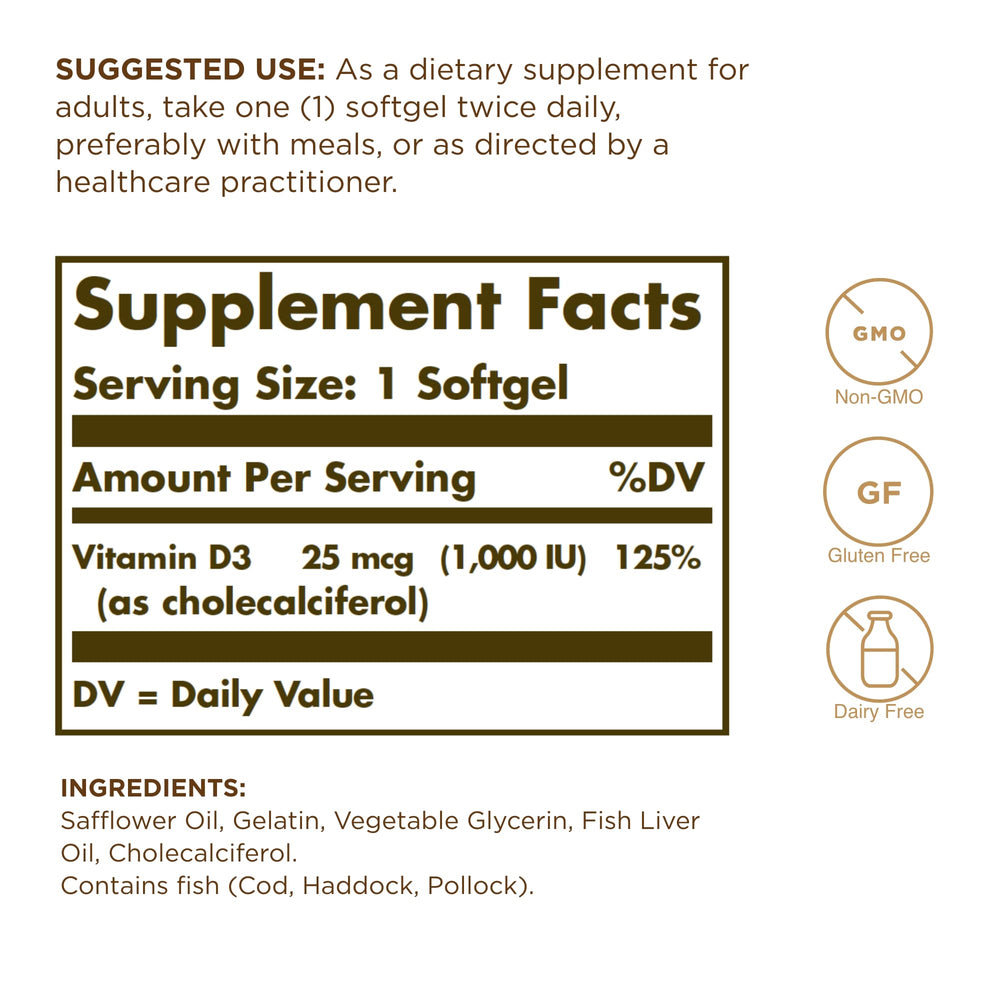 Solgar Vitamin D3 softgels bottle back label with dosage details