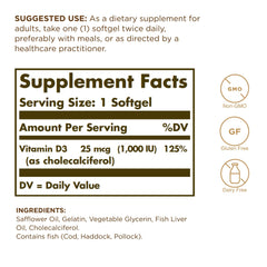 Solgar Vitamin D3 softgels bottle back label with dosage details