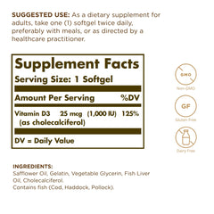 Solgar Vitamin D3 softgels closeup of a capsule highlighting 1000 IU potency.
