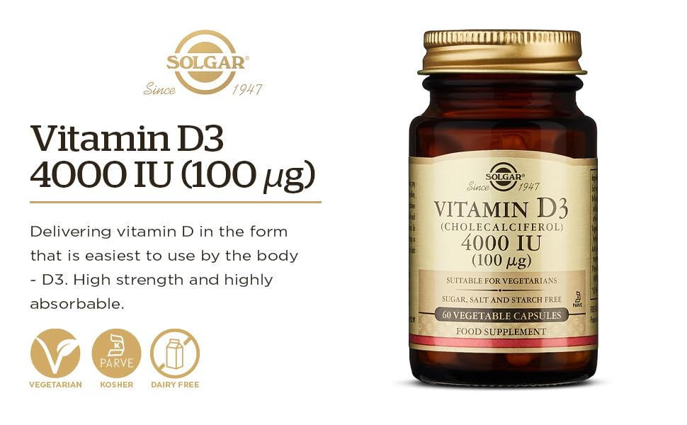 Solgar Vitamin D3 bottle label highlights non-GMO and gluten-free.