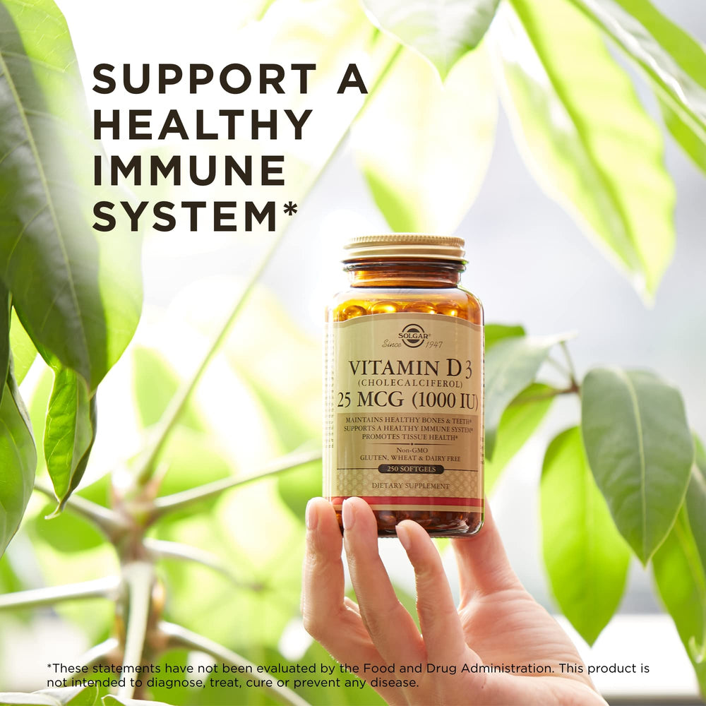 Solgar Vitamin D3 softgels side view non-GMO and gluten-free