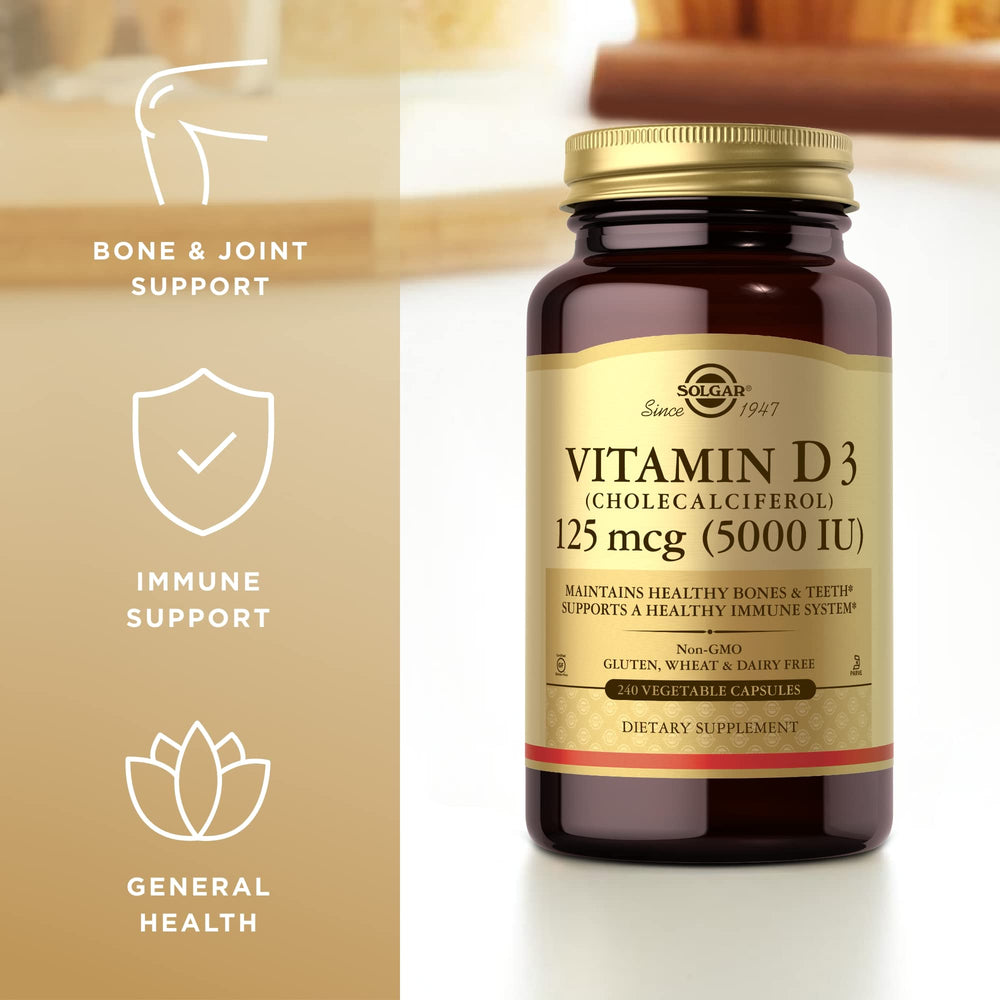Solgar Vitamin D3 supplements shown in a kitchen scene for wellness routine.
