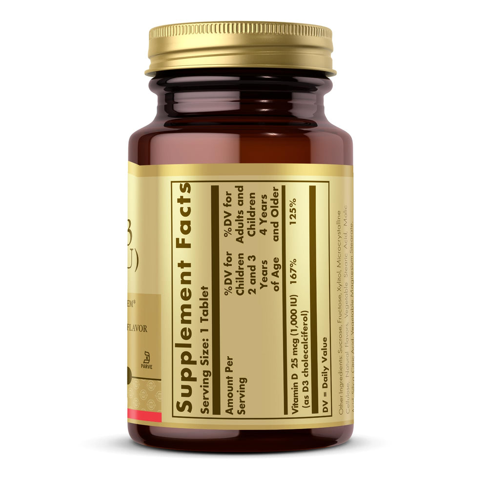 Solgar Vitamin D3 tablet held in hand emphasizing easy consumption