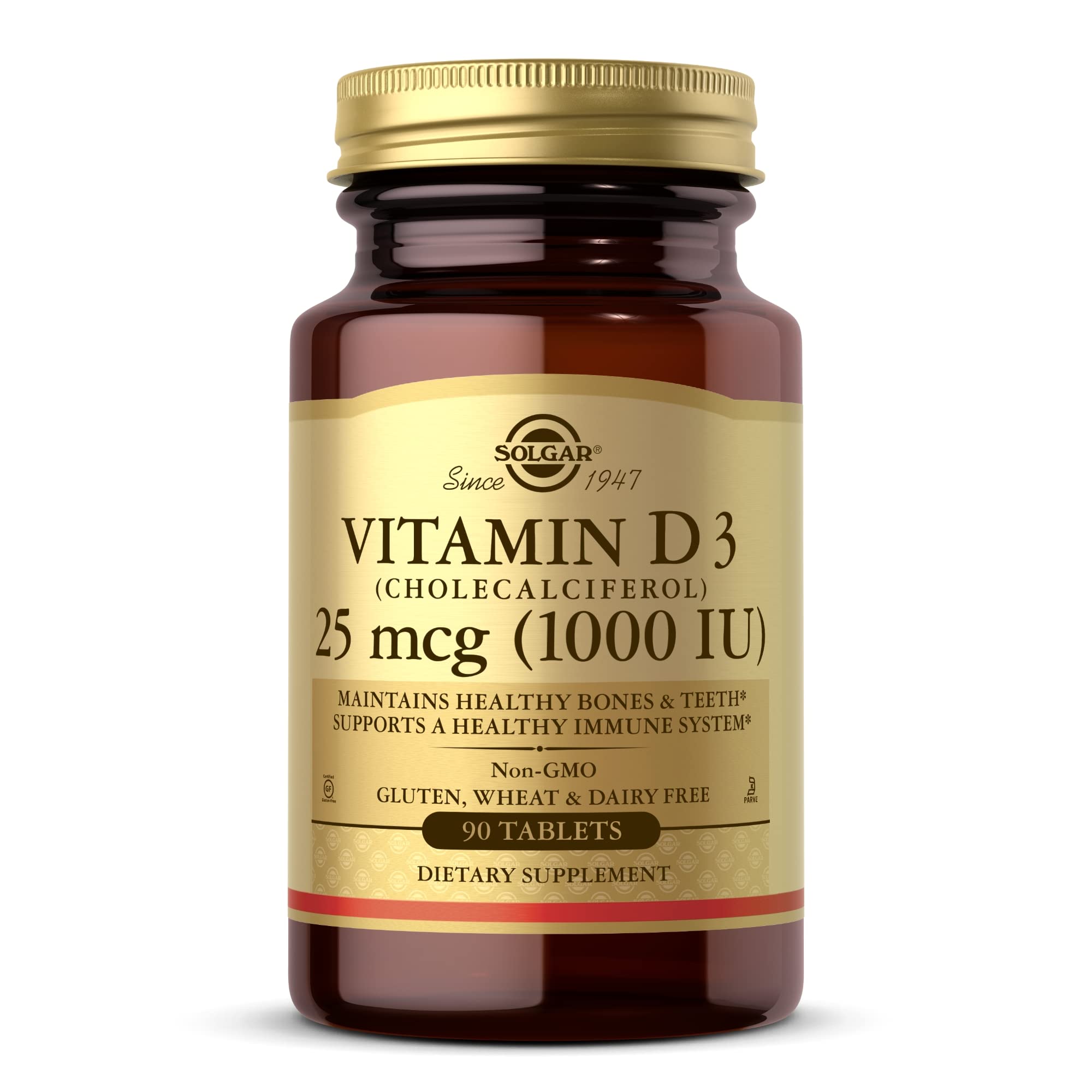 Solgar Vitamin D3 tablets bottle front view supports daily bone and teeth health