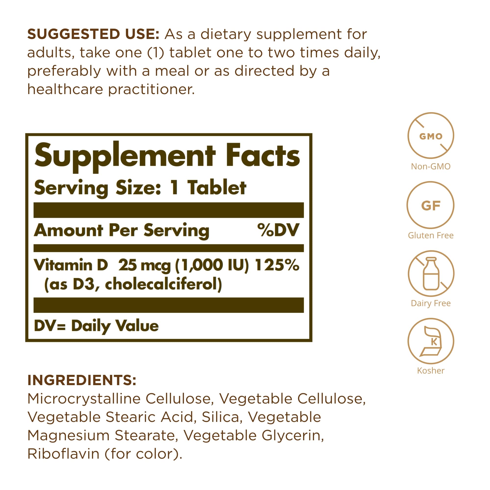 Solgar Vitamin D3 tablets serving size illustrating daily supplementation benefits