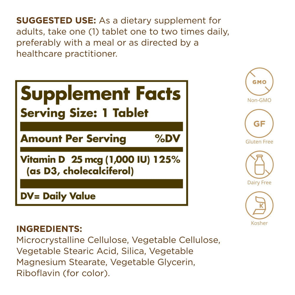 Solgar Vitamin D3 tablets serving size illustrating daily supplementation benefits