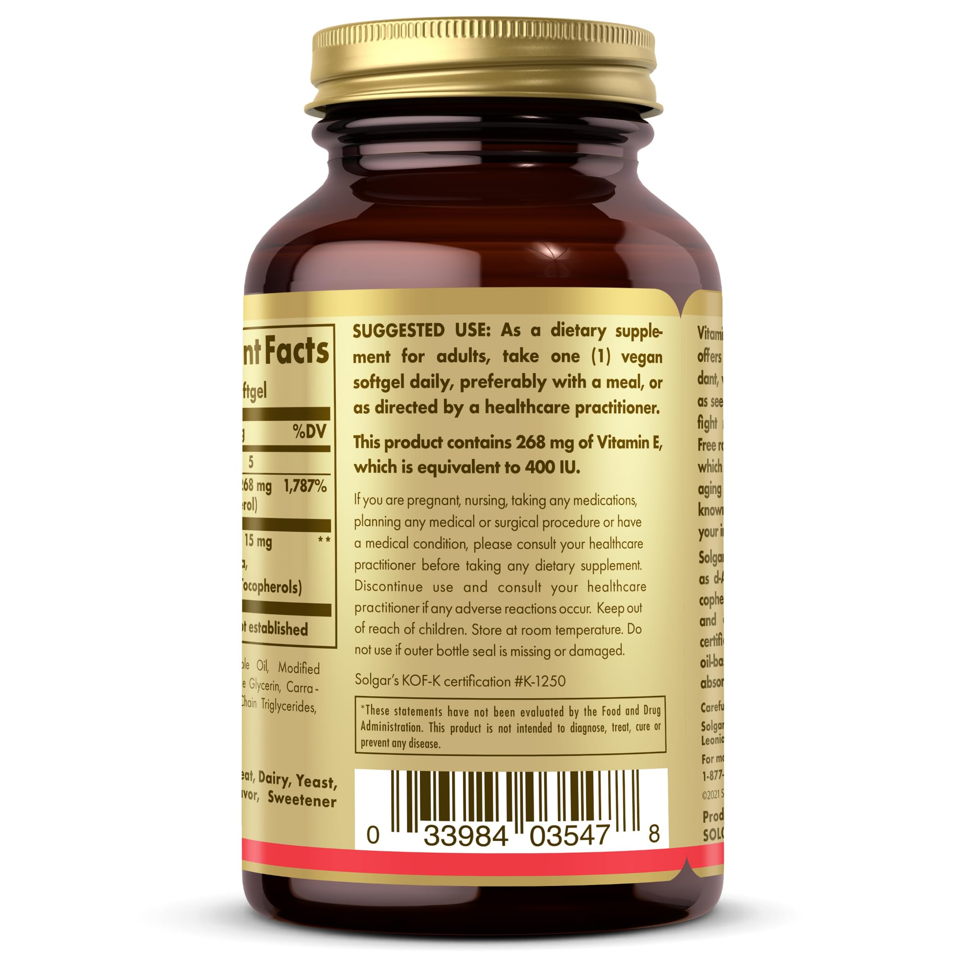 Solgar Vitamin E 268 mg, 100 vegan softgels, convenient daily supplement.