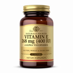 Solgar Vitamin E 268 mg bottle front view highlighting natural d-Alpha Tocopherol.