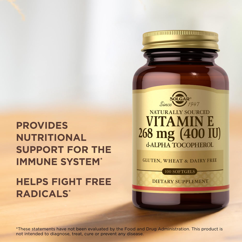 Solgar Vitamin E 268 mg label notes gluten-free and dairy-free ingredients.