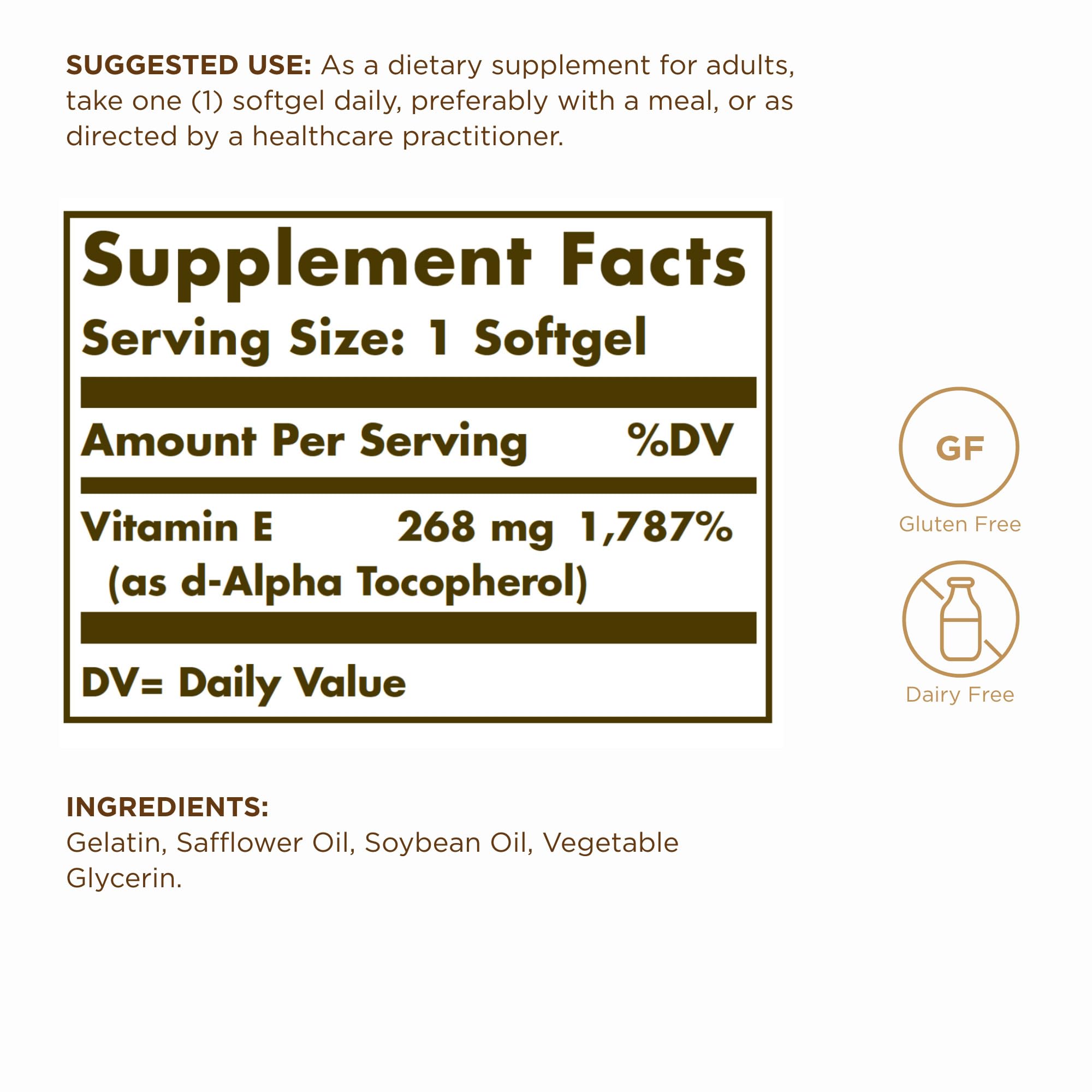 Solgar Vitamin E 268 mg label close-up shows gluten-free and dairy-free notes.
