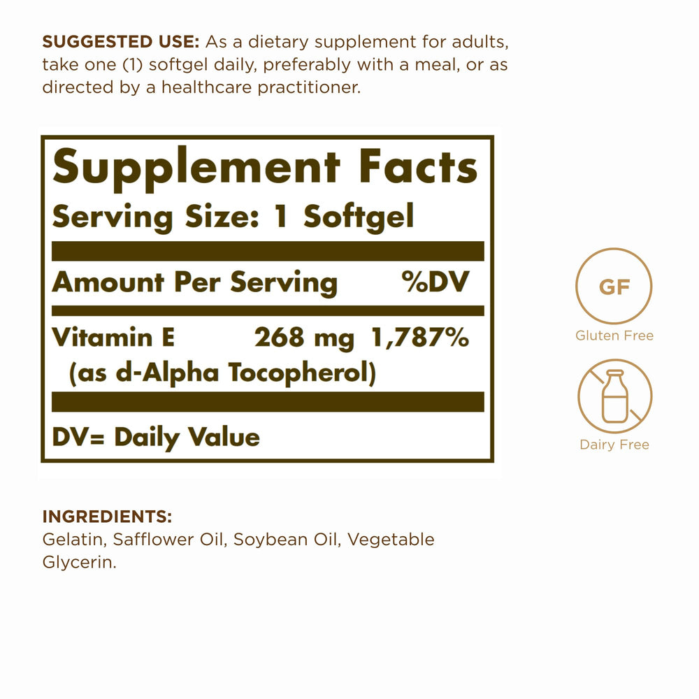 Solgar Vitamin E 268 mg label close-up shows gluten-free and dairy-free notes.
