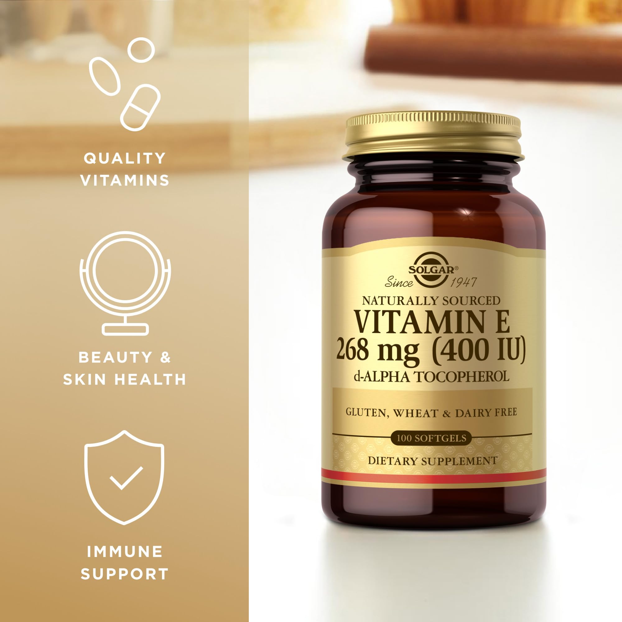 Solgar Vitamin E bottle with softgels highlighting oil-based delivery system for uptake.