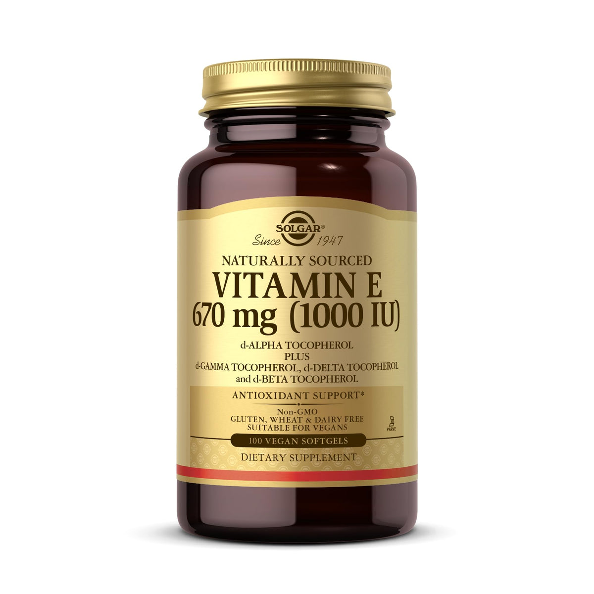 Solgar Vitamin E 670 mg softgel bottle showing the 100 vegan capsules for antioxidant support