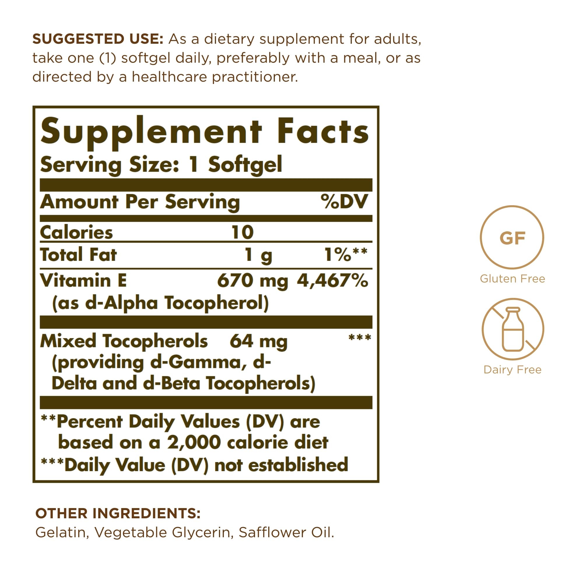 Solgar Vitamin E 670 mg packaging shows gluten-free and dairy-free claims