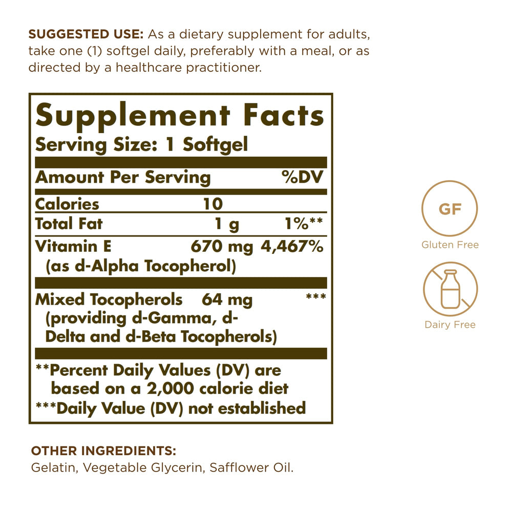 Solgar Vitamin E 670 mg packaging shows gluten-free and dairy-free claims