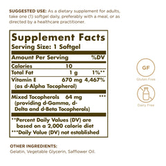 Solgar Vitamin E 670 mg packaging shows gluten-free and dairy-free claims