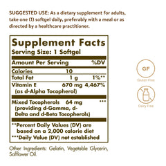 Solgar Vitamin E 670 mg softgels close-up highlighting oil-based absorption.