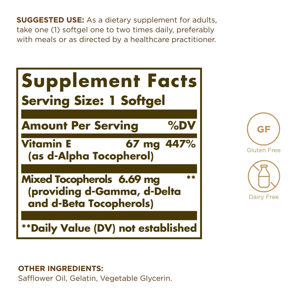 Solgar Vitamin E bottle back label with gluten-free and dairy-free claims.