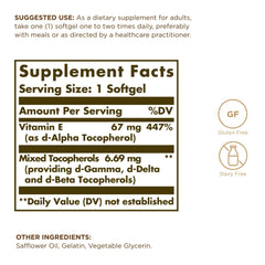 Solgar Vitamin E bottle back label with gluten-free and dairy-free claims.