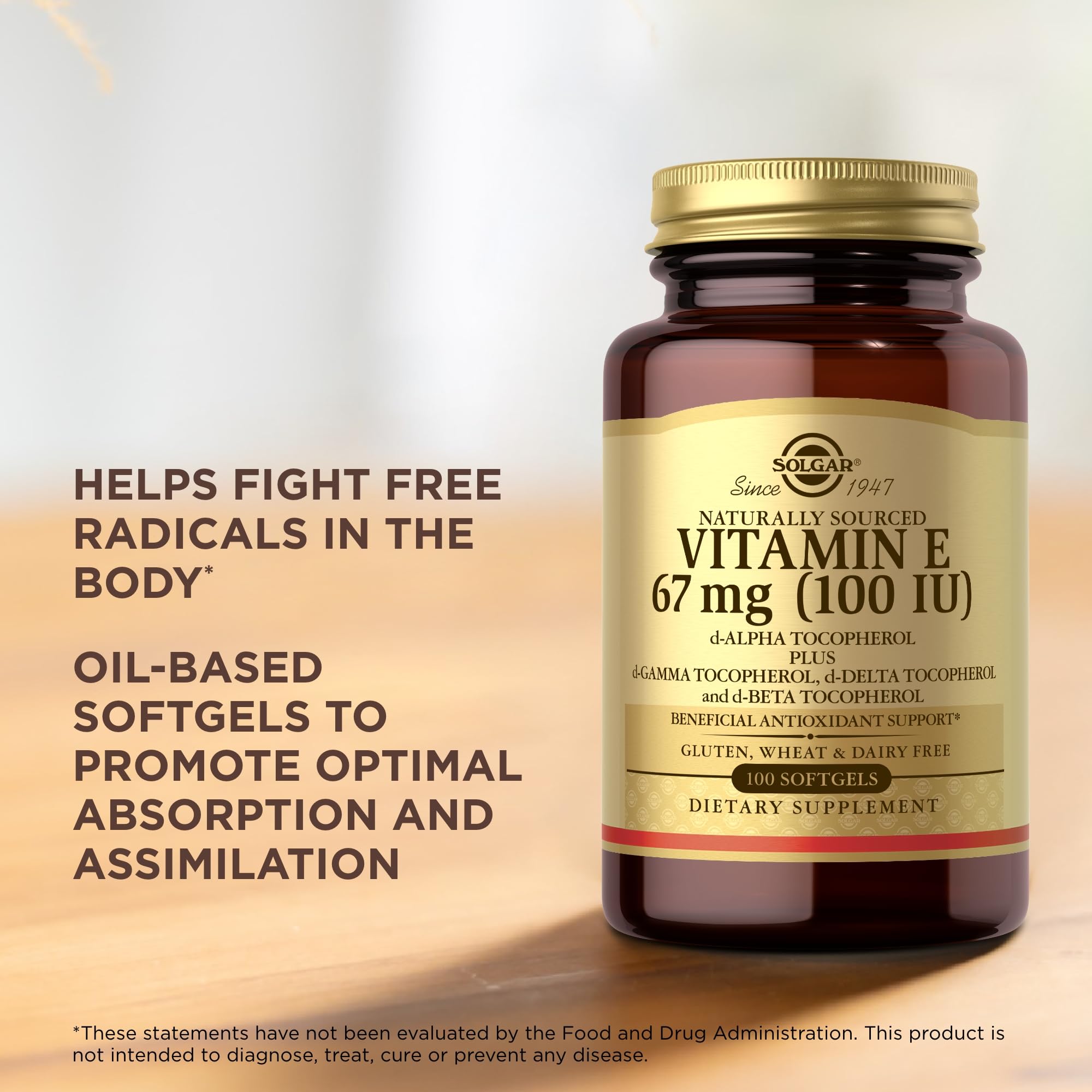 Close-up of Solgar Vitamin E softgels illustrating oil-based capsules for absorption.