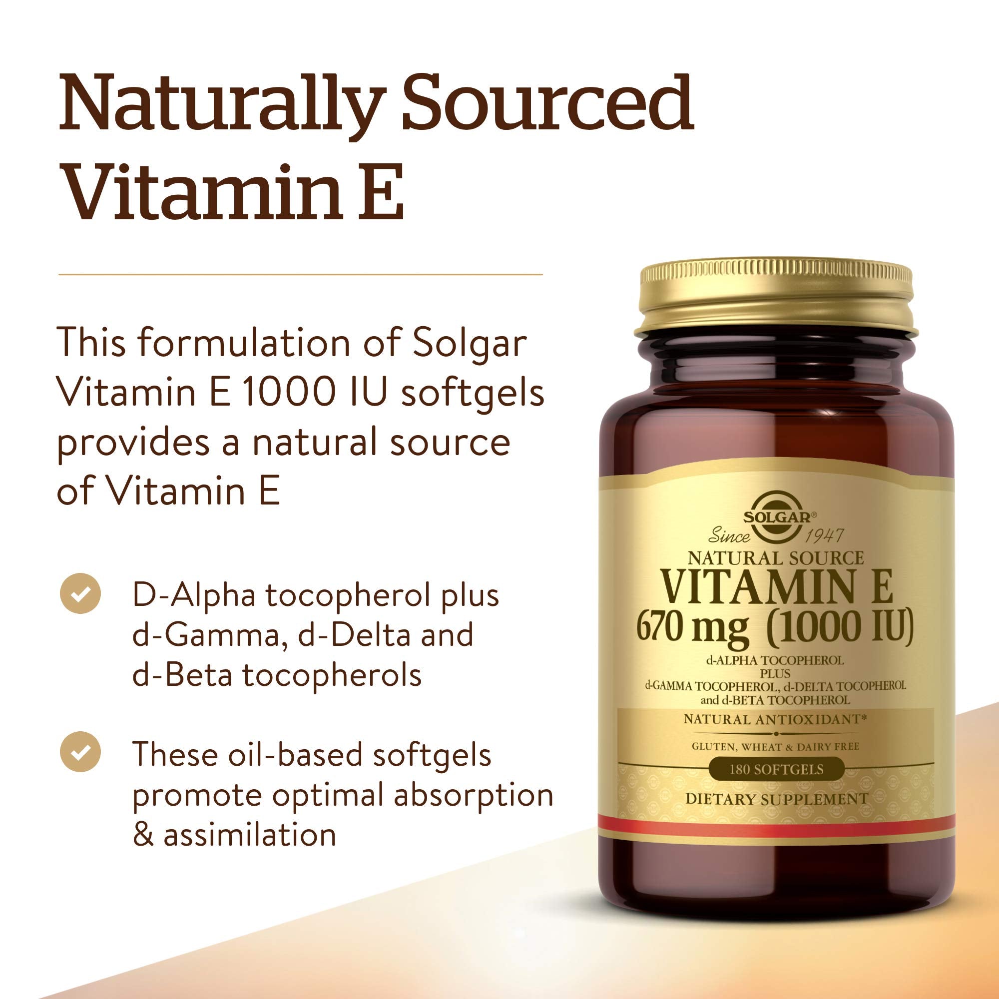 Solgar Vitamin E bottle pouring capsules for easy daily supplementation.