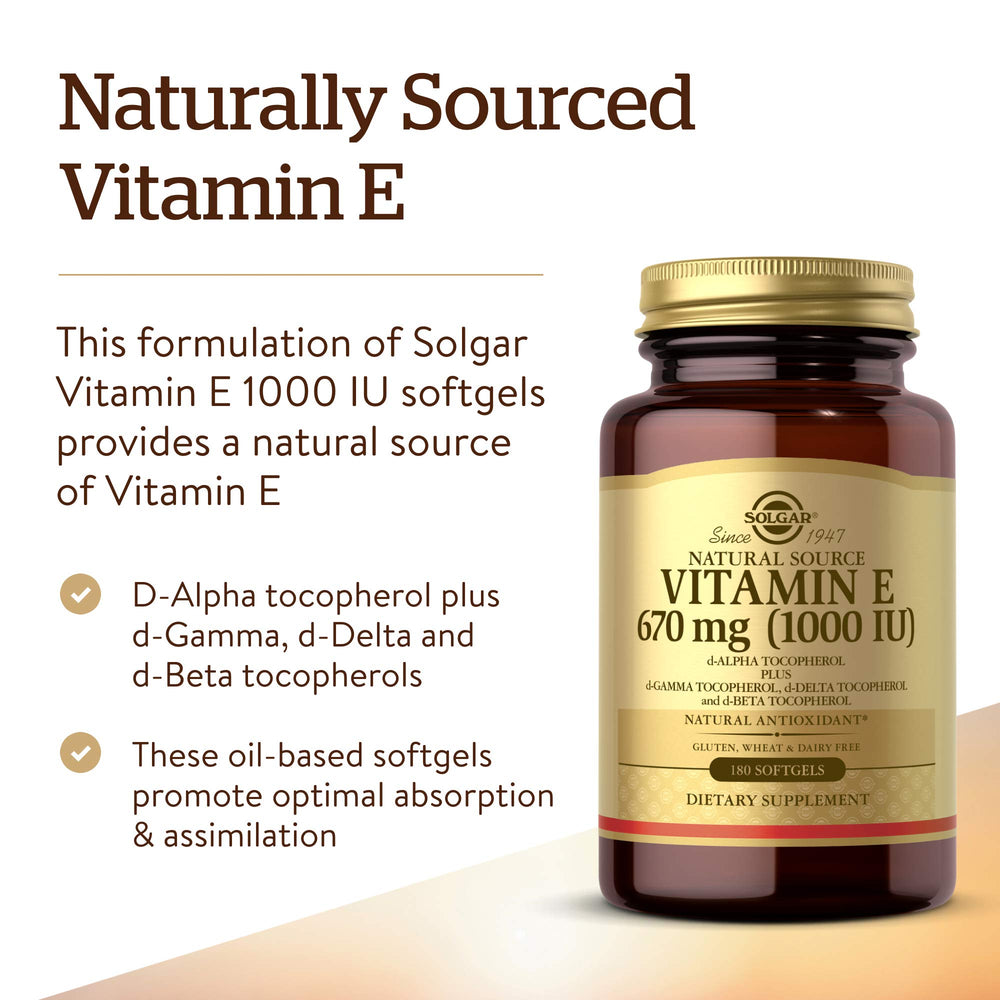 Solgar Vitamin E bottle pouring capsules for easy daily supplementation.
