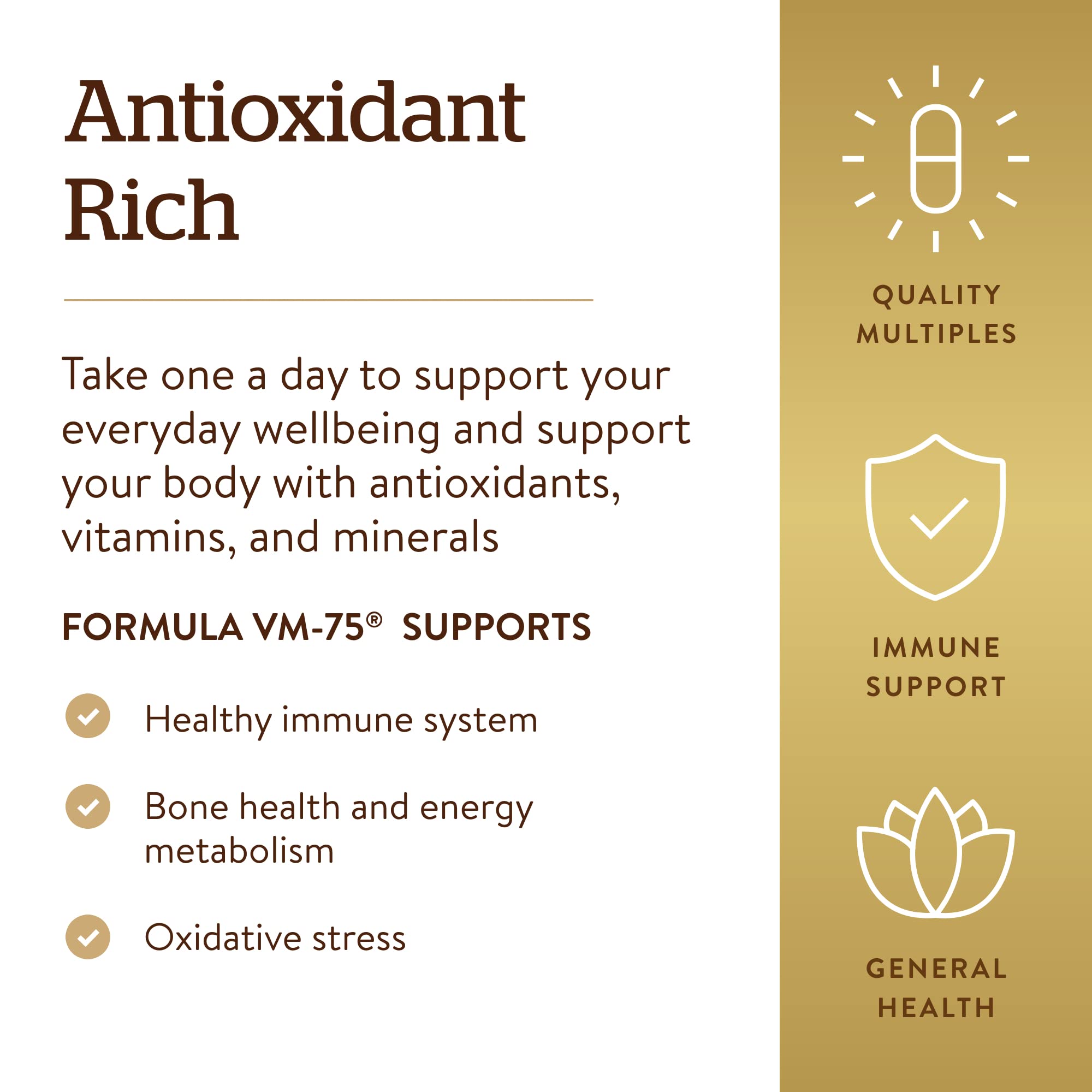 Solgar VM-75 antioxidant support imagery for immune health.