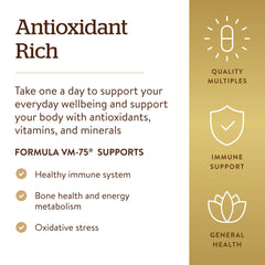Solgar VM-75 antioxidant support imagery for immune health.